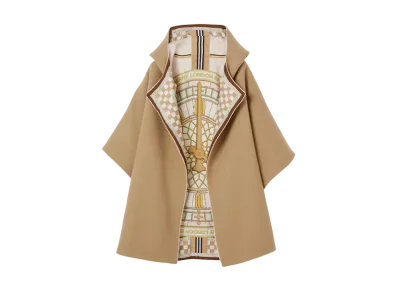 Burberry Clock Print Silk Reversible Hooded Cape "Camel"
