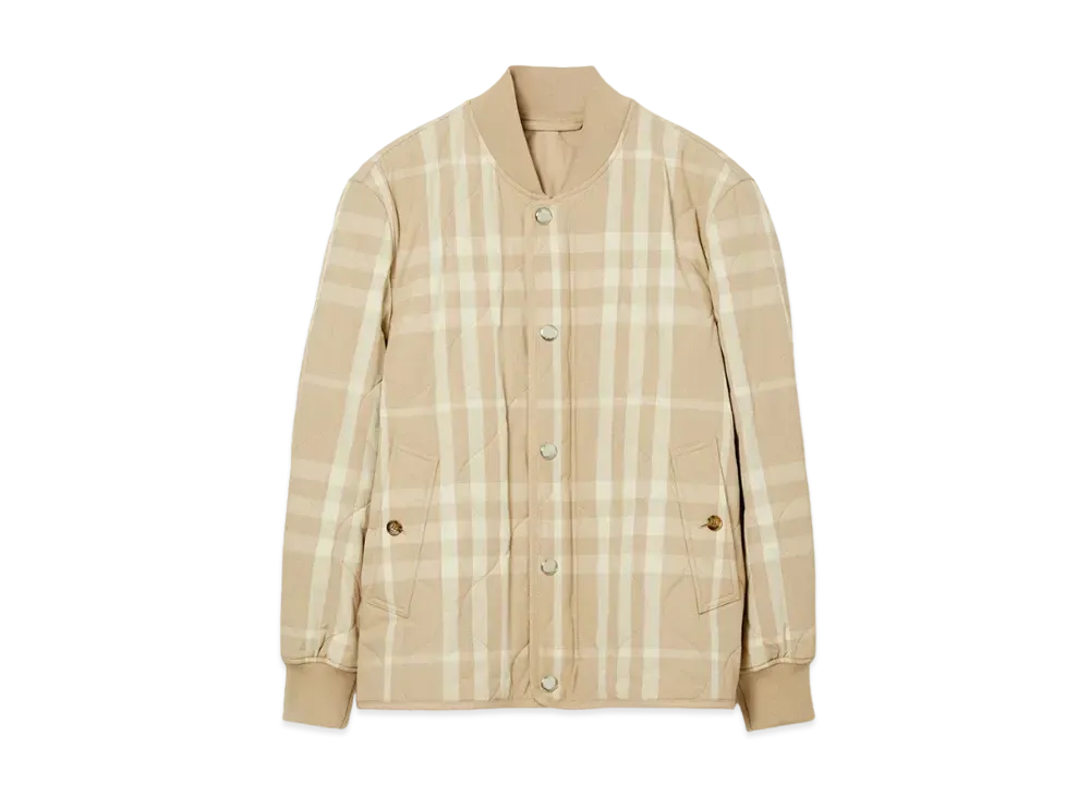 Burberry Men's Check Quilted Nylon Bomber Jacket "Soft Fawn"