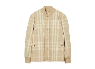 Burberry Men's Check Quilted Nylon Bomber Jacket "Soft Fawn"