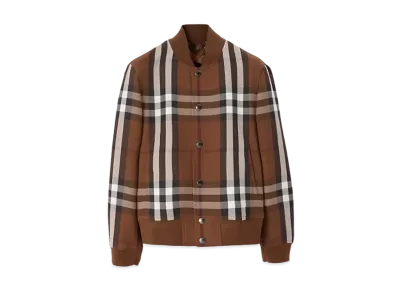 Burberry Men's Check Wool Cotton Bomber Jacket "Dark Birch Brown"