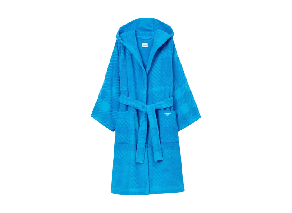 Burberry Men's Check Cotton Jacquard Hooded Robe "Vivid Blue"