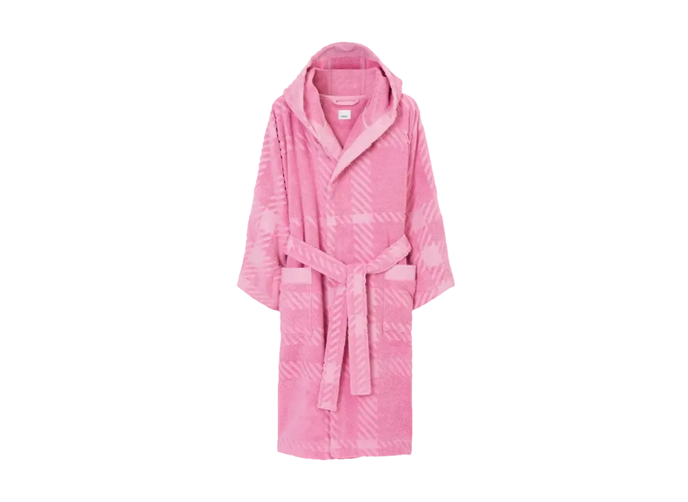 Burberry Men's Check Cotton Jacquard Hooded Robe "Bubblegum Pink"