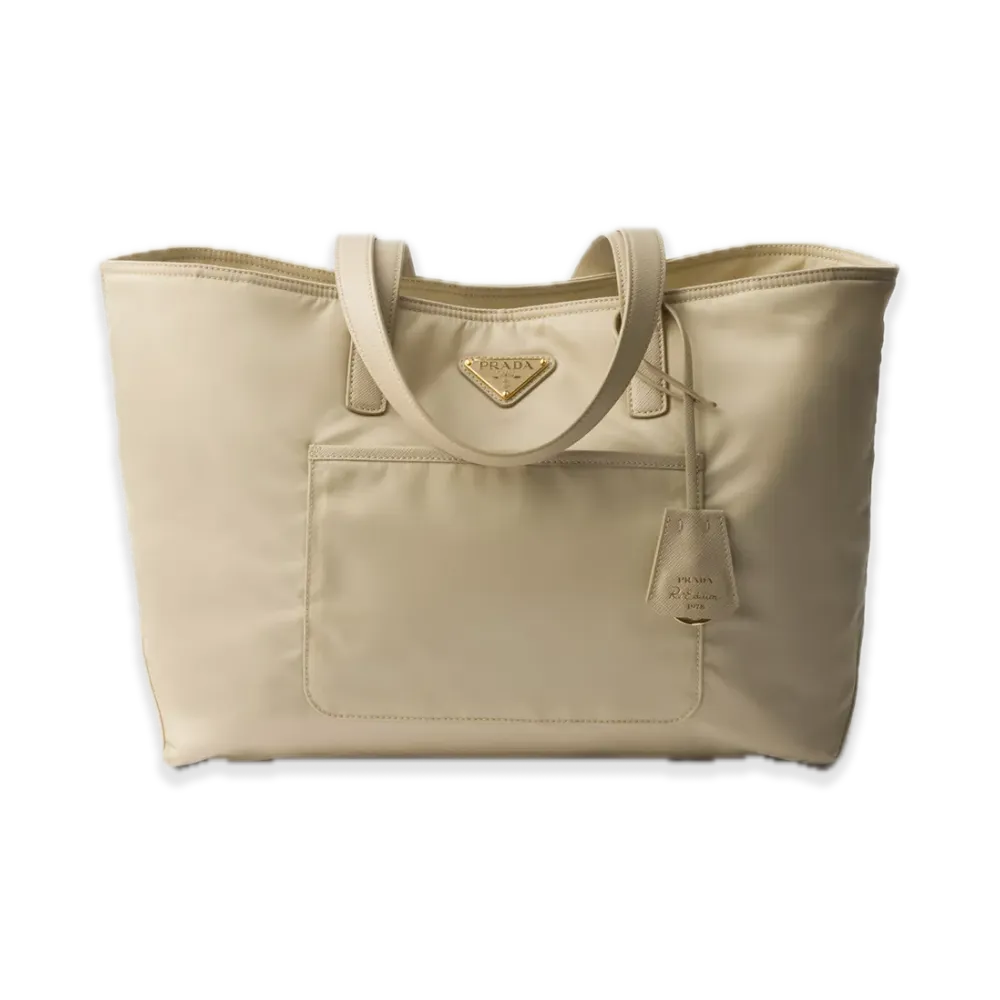 PRADA Re-Edition 1978 Medium Re-Nylon x Saffiano Leather Tote Bag "Sand Beige"