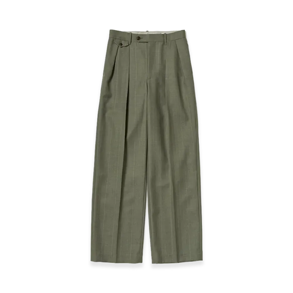 AURALEE Women's Bluefaced Wool Two-Tuck Slacks "Olive Gray Stripe"