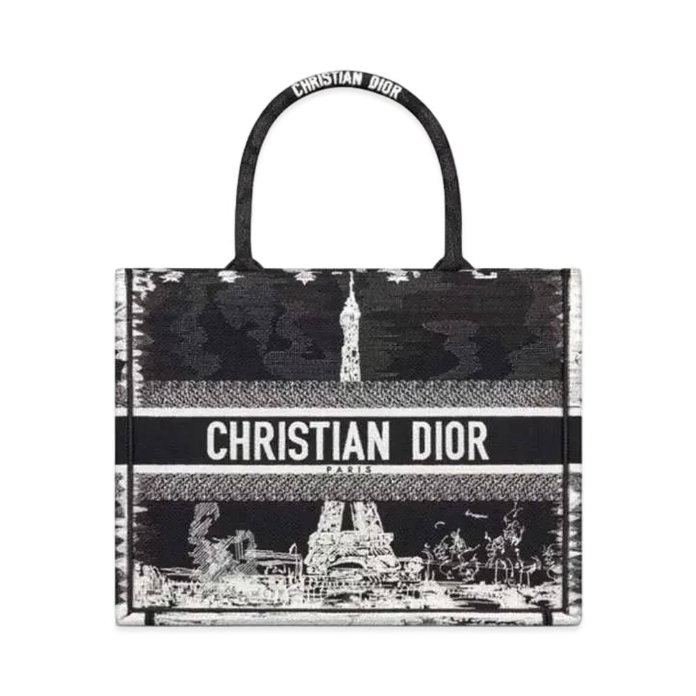 Dior Medium Dior Book Tote Paris Embroidery "Black/White"