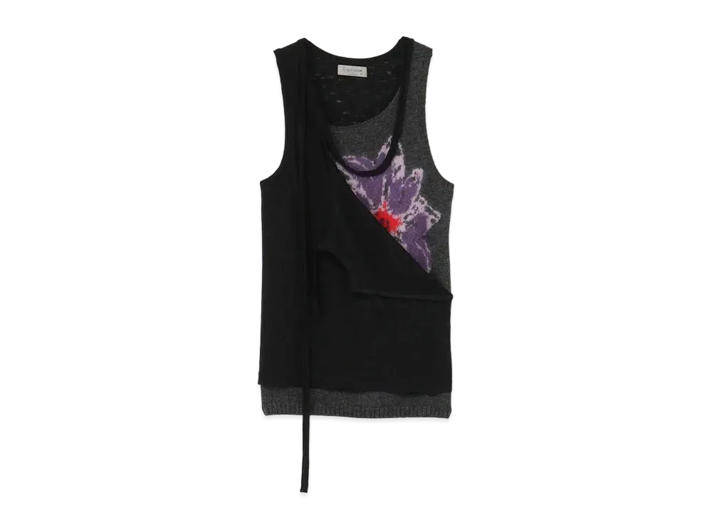 Yohji Yamamoto Pour Homme 7G FLOWER PRINT KNIT+CUT AND SEWN LAYERED TANK TOP "Charcoal"