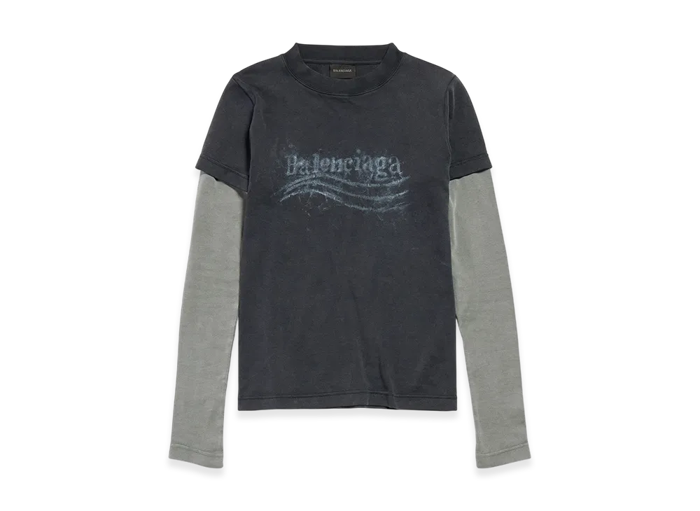 BALENCIAGA Washed Crayon Political Double Sleeve T-shirt "Heather Black"