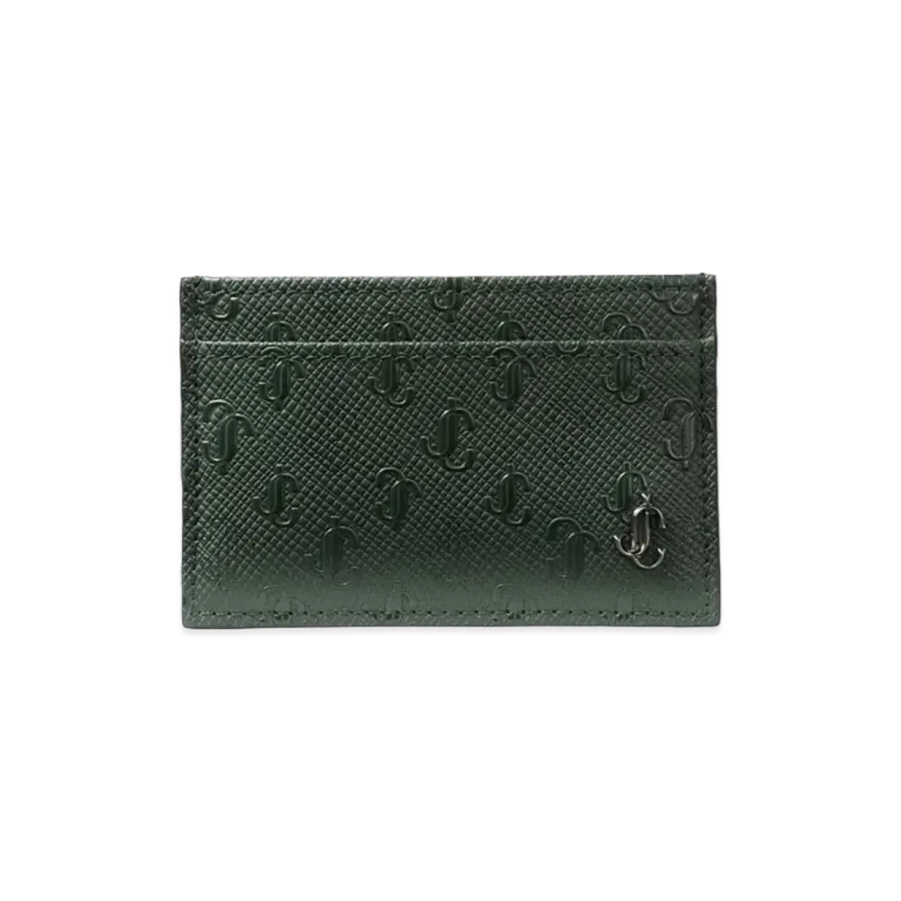 JIMMY CHOO DEAN Curf Leather JC Logo Pattern Grainy Fabric Card Case "Dark Green"