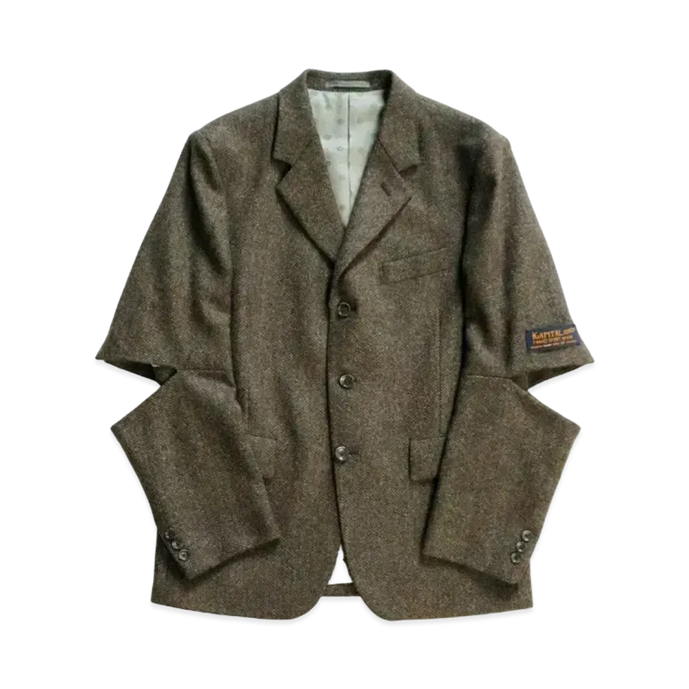 KAPITAL Herringbone Tweed Cut Out Elbow Jacket "khaki"