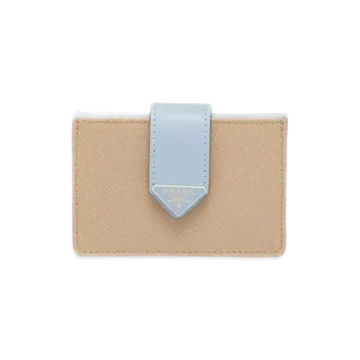 PRADA Saffiano Leather Card Holder "Sand/Light Blue"