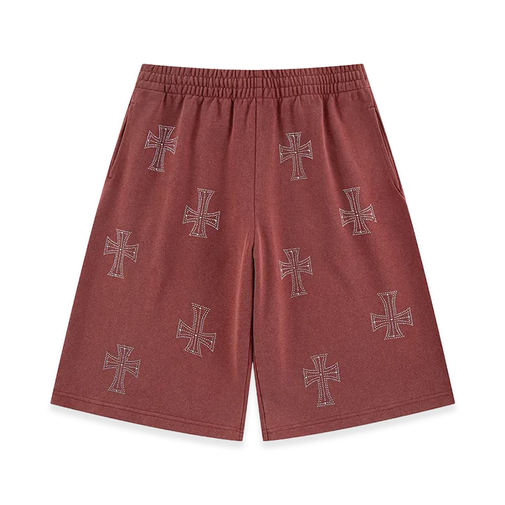 Unknown London Outline Cross Rhinestone Baggy Sweat Shorts "Red"