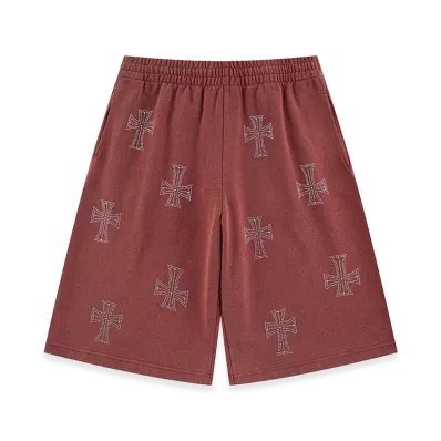 Unknown London Outline Cross Rhinestone Baggy Sweat Shorts "Red"