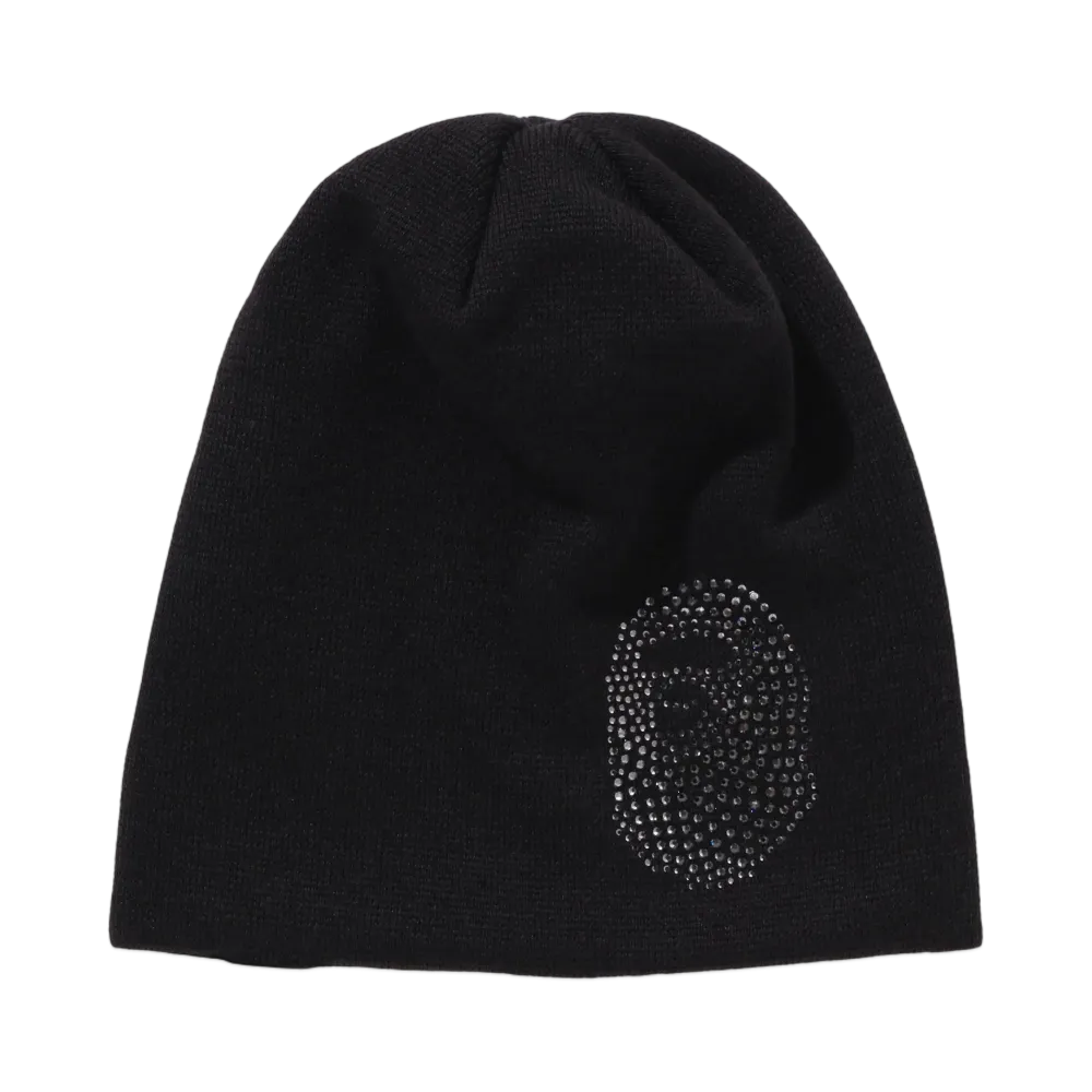 A BATHING APE Crystal Stone Ape Head Knit Cap "Black"