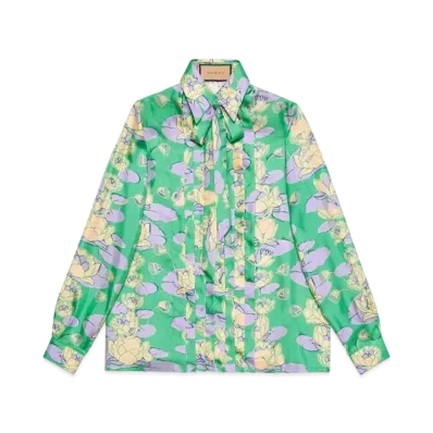 GUCCI Waterlily Print Silk Shirt "Green/Lilac"