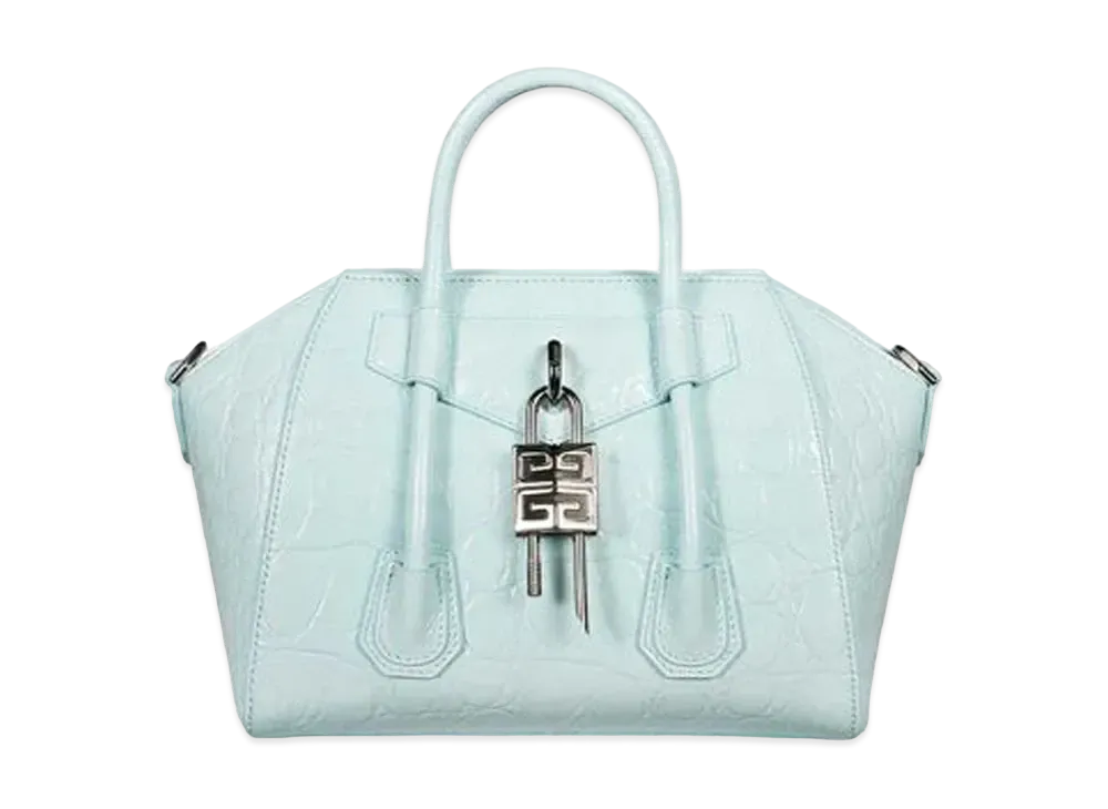 GIVENCHY Mini Antigona Lock in Shiny Textured Leather "Sky Blue"