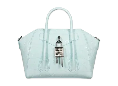 GIVENCHY Mini Antigona Lock in Shiny Textured Leather "Sky Blue"