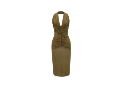 Saint Laurent Women's Halter Dress in Silk Crepe "Kaki"