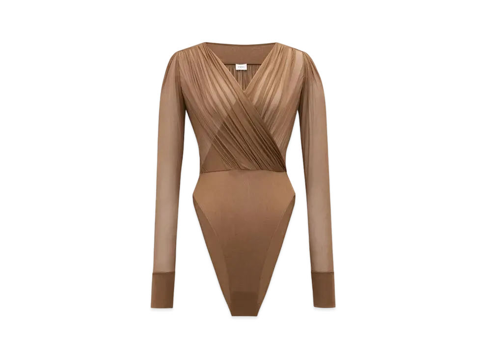 Saint Laurent Women's Wrap Bodysuit in Jersey Voile "Dark Beige"