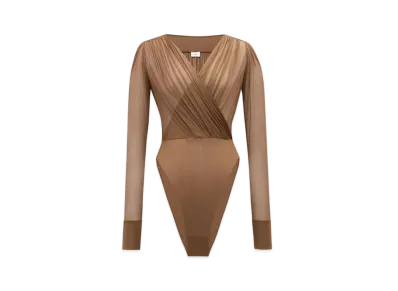 Saint Laurent Women's Wrap Bodysuit in Jersey Voile "Dark Beige"