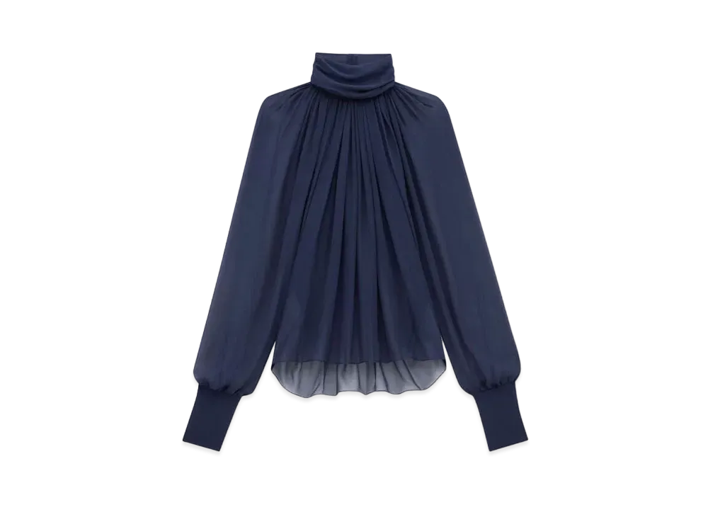 Saint Laurent Women's Turtleneck Blouse in Silk Muslin "Midnight Blue"
