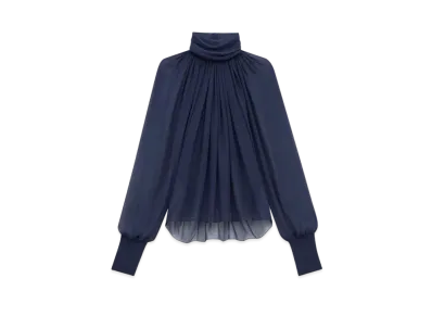 Saint Laurent Women's Turtleneck Blouse in Silk Muslin "Midnight Blue"