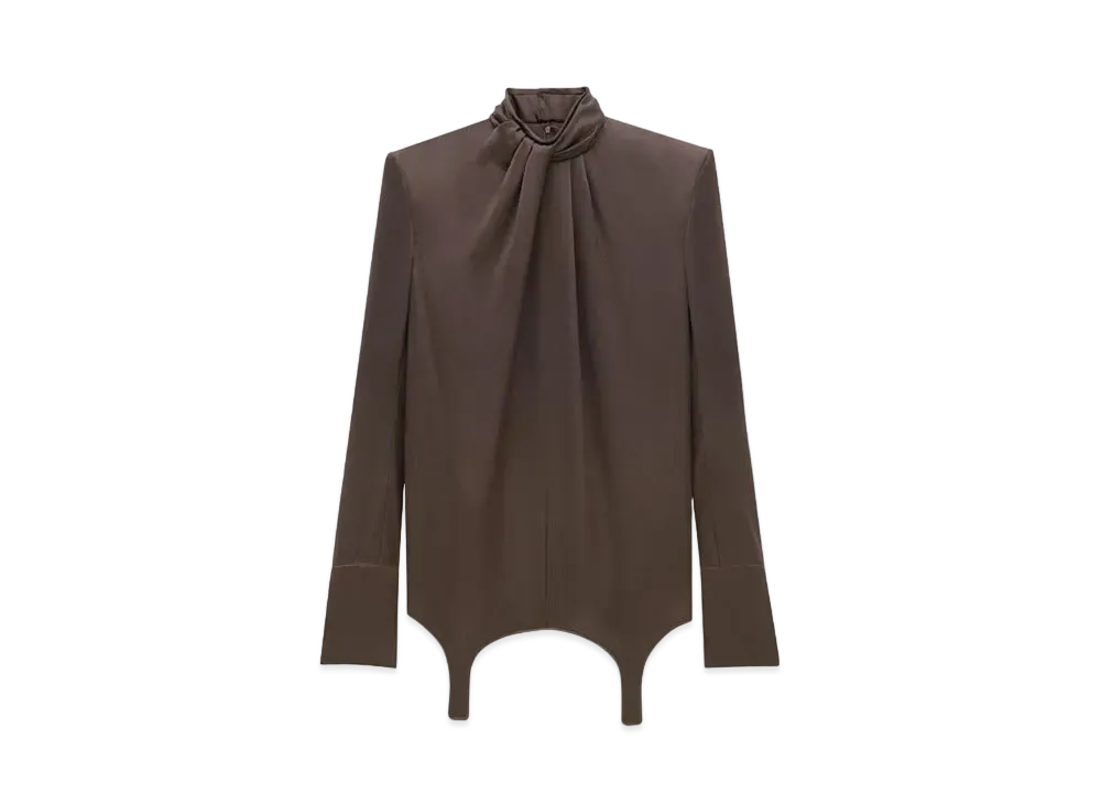 Saint Laurent Women's Twist-Neck Garter Blouse in Silk Satin "Marron"