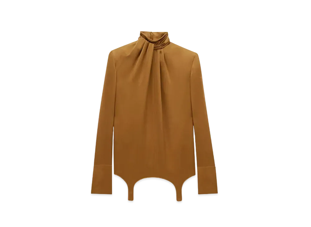 Saint Laurent Women's Twist-Neck Garter Blouse in Silk Satin "Ocre"
