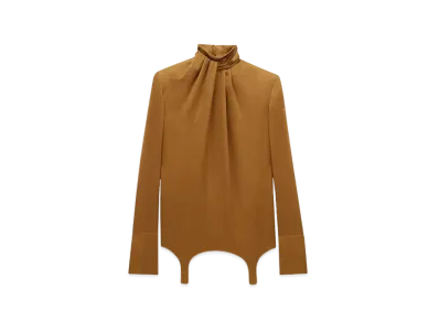 Saint Laurent Women's Twist-Neck Garter Blouse in Silk Satin "Ocre"