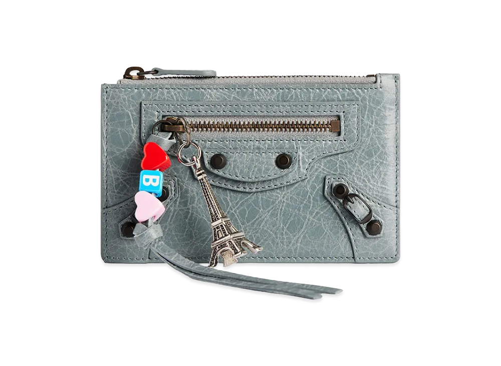 BALENCIAGA Women's Le City Long Coin And Card Holder In Arena Lambskin With Charms "Blue Grey"