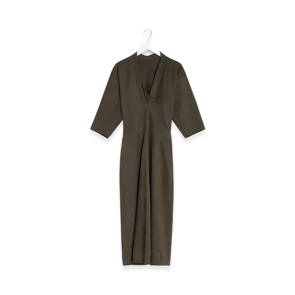 LEMAIRE Women's V-Neck Leather Dress "Dark Khaki"