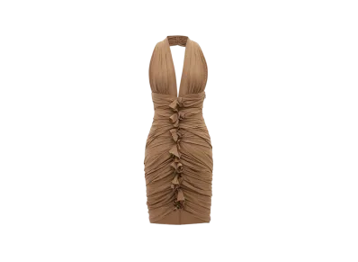 Saint Laurent Women's Halter Dress in Silk Crepe "Dark Beige"