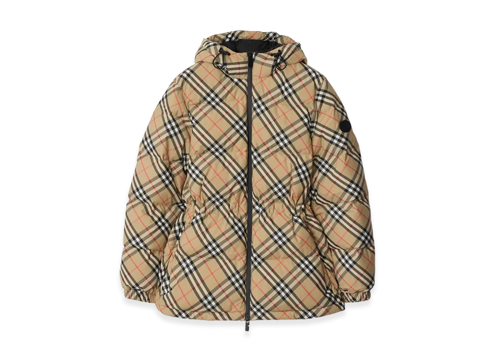 Burberry Women's Check Nylon Hooded Down Jacket "Sand Beige"