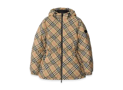 Burberry Women's Check Nylon Hooded Down Jacket "Sand Beige"