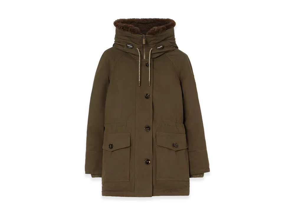 Burberry Women's Shearling Trim Gabardine Parka "Juniper Green"