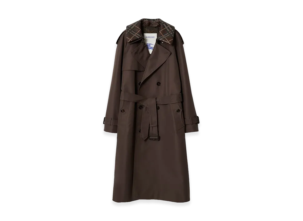 Burberry Long Check Collar Silk Cotton Trench Coat "Shade Brown"