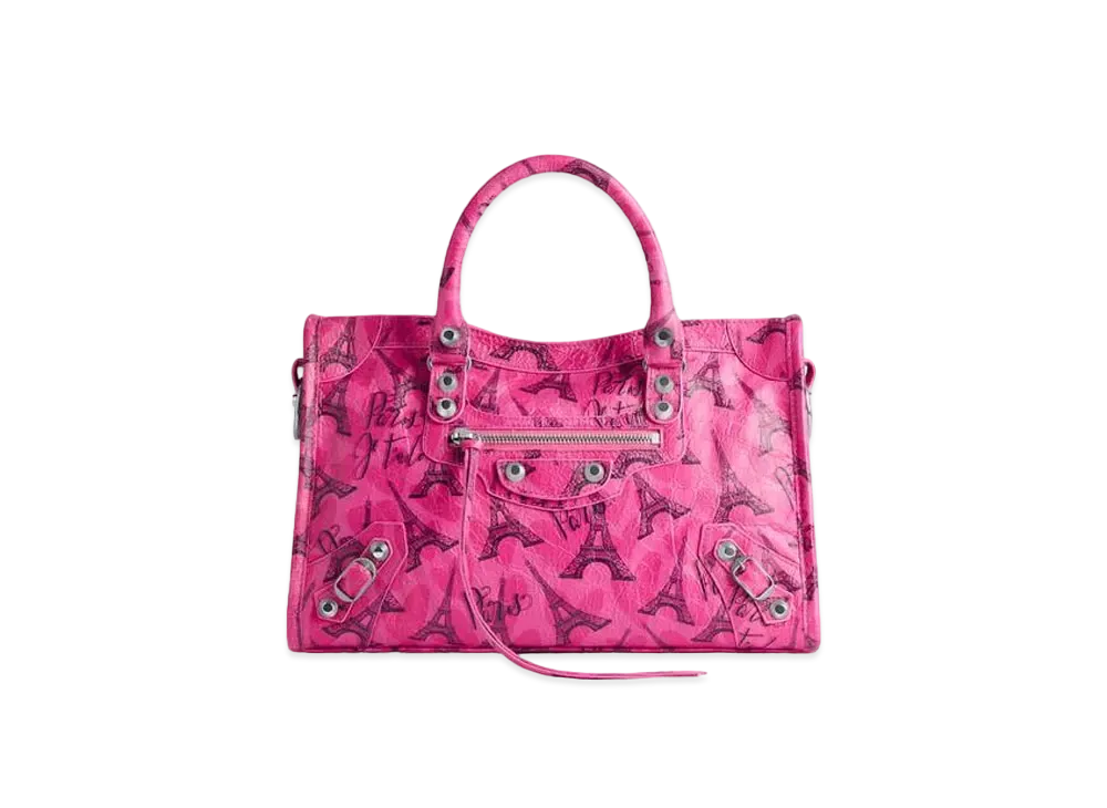 BALENCIAGA Le City Small Bag in Paris Je T'Adore Allover Logo Printed Arena Lambskin, Shiny Silver Hardware "Pink"