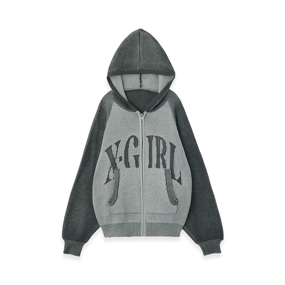 X-Girl Women's Logo Jacquard Zip Up Knit Hoodie "Grey"
