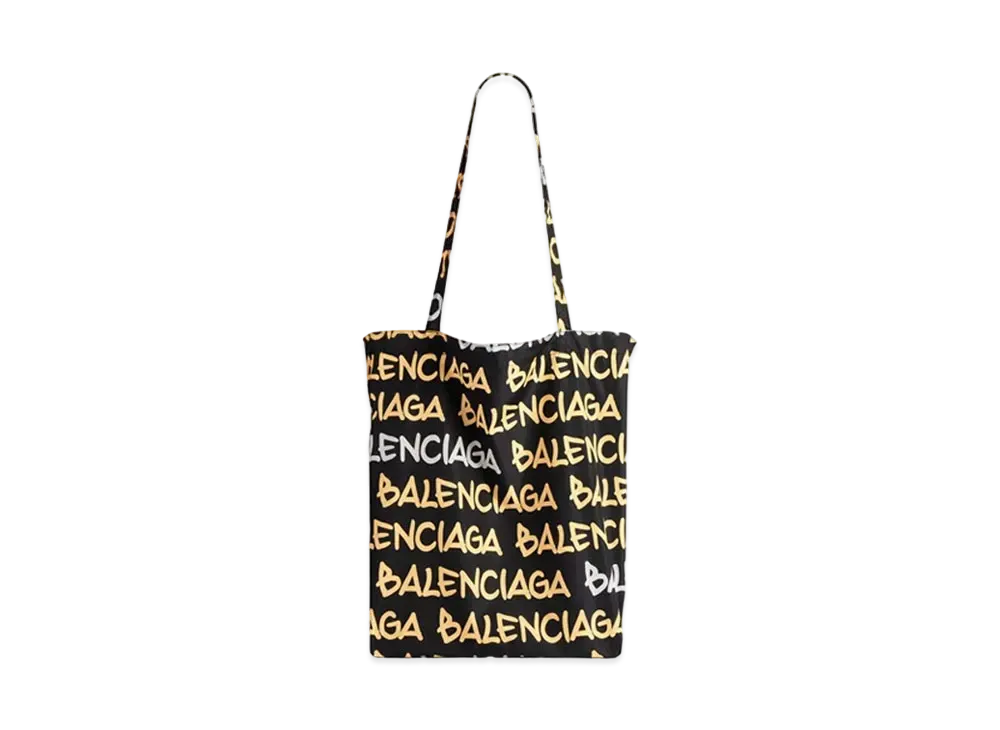 BALENCIAGA Souvenir Medium Shopping Tote Bag in Funky Font Allover Logo Printed Nylon "Black/Beige"