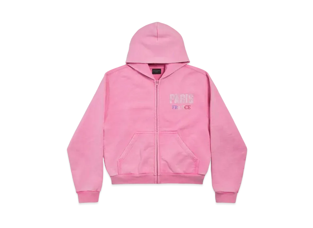 BALENCIAGA Paris Strass Zip-Up Hoodie Small Fit in Archetype Fleece "Faded Pink"