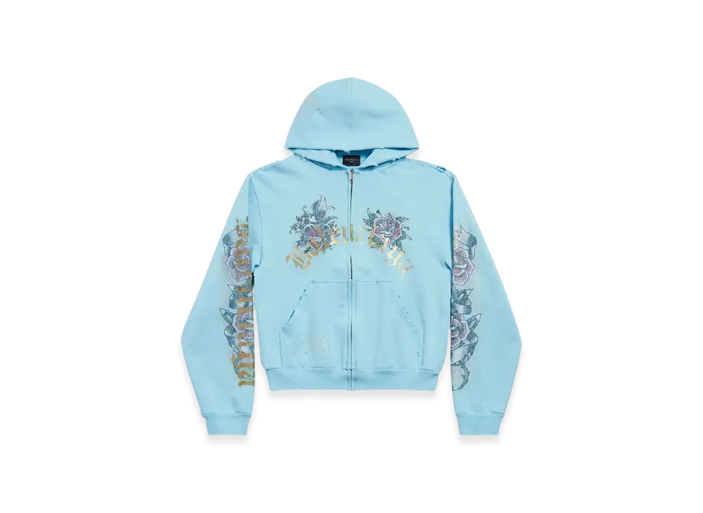 BALENCIAGA Tacky Tattoo Zip Up Hoodie Small Fit "Blue"