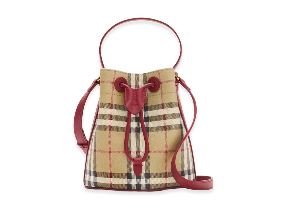 Burberry Women's Mini Check Bucket Bag "Archive Beige/Ruby Red"