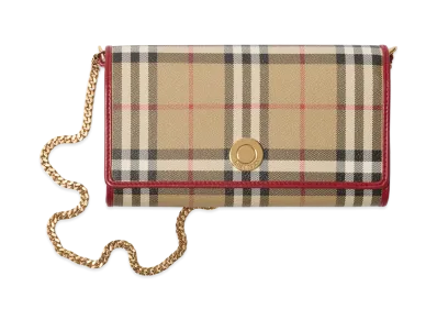 Burberry Women's Check Chain Strap Wallet "Archive Beige/Ruby Red"