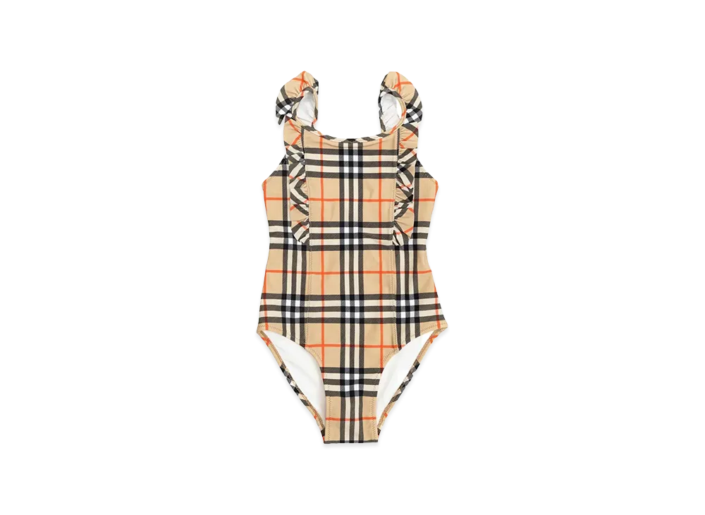 Burberry Kids Ruffle Trim Check Swimsuit "Beige"