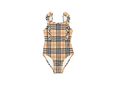 Burberry Kids Ruffle Trim Check Swimsuit "Beige"