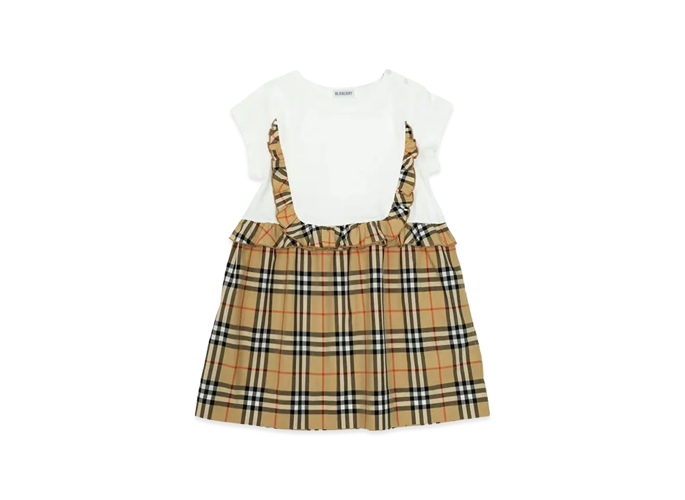 Burberry Kids Check Trim Stretch Cotton Dress "White/Beige"