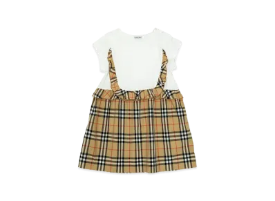 Burberry Kids Check Trim Stretch Cotton Dress "White/Beige"