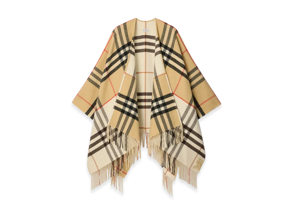 Burberry Women's Contrast Check Cashmere Wool Cape "Sand/Pebble White"