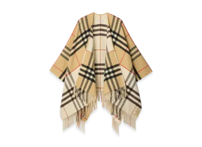 Burberry Women's Contrast Check Cashmere Wool Cape "Sand/Pebble White"