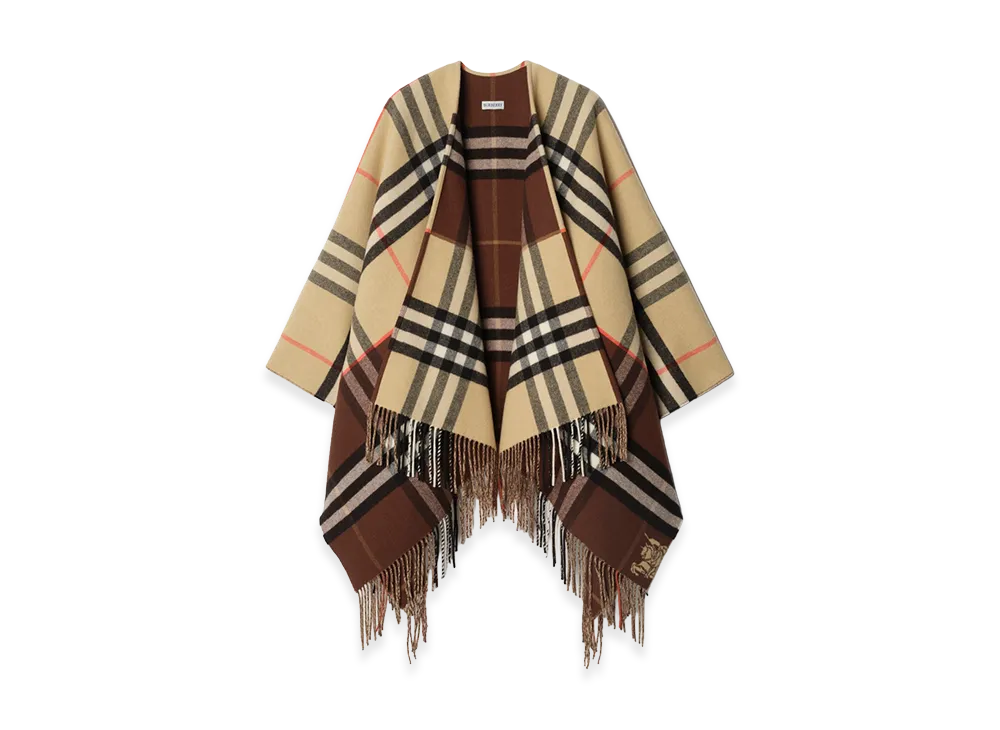 Burberry Women's Contrast Check Cashmere Wool Cape "Sand Beige/Treacle Brown"