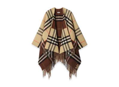 Burberry Women's Contrast Check Cashmere Wool Cape "Sand Beige/Treacle Brown"